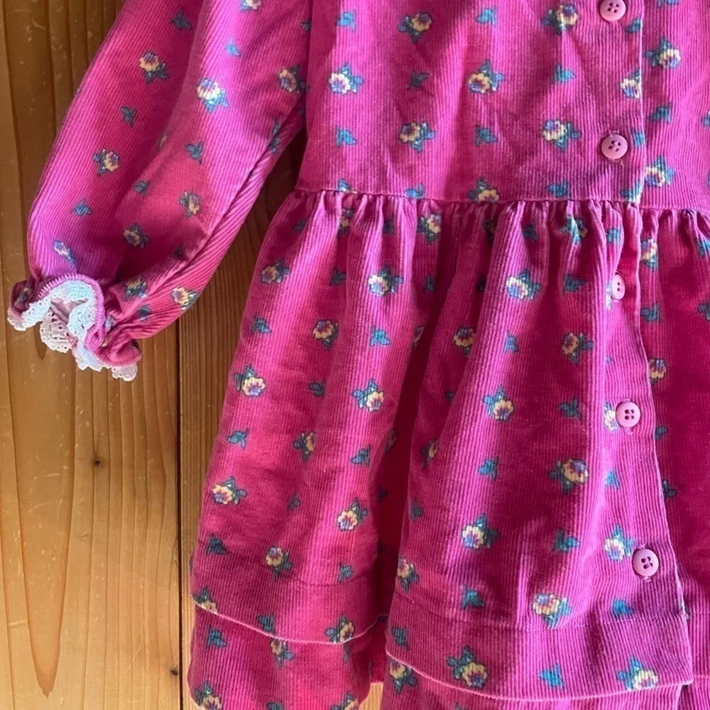 Vtg Oshkosh Bgosh Toddler Girls Pink Corduroy Floral Ruffle Long Sleeve Dress